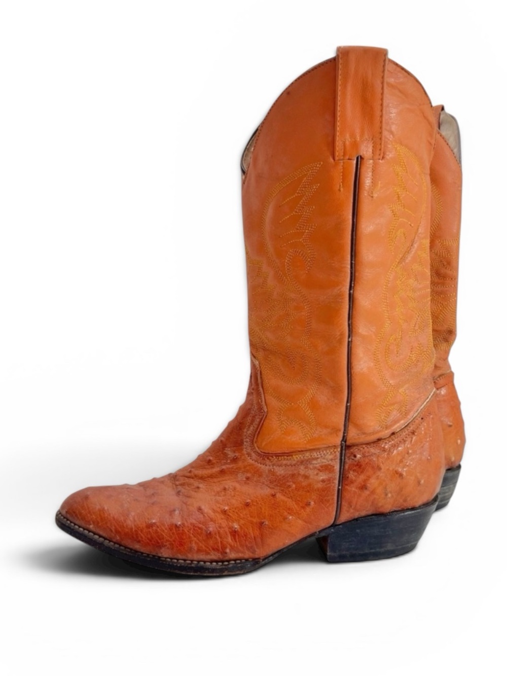Vintage VAQUERO Ostrich Print Boots Pointed Toe Cognac Size 7.5 men 9.5 women